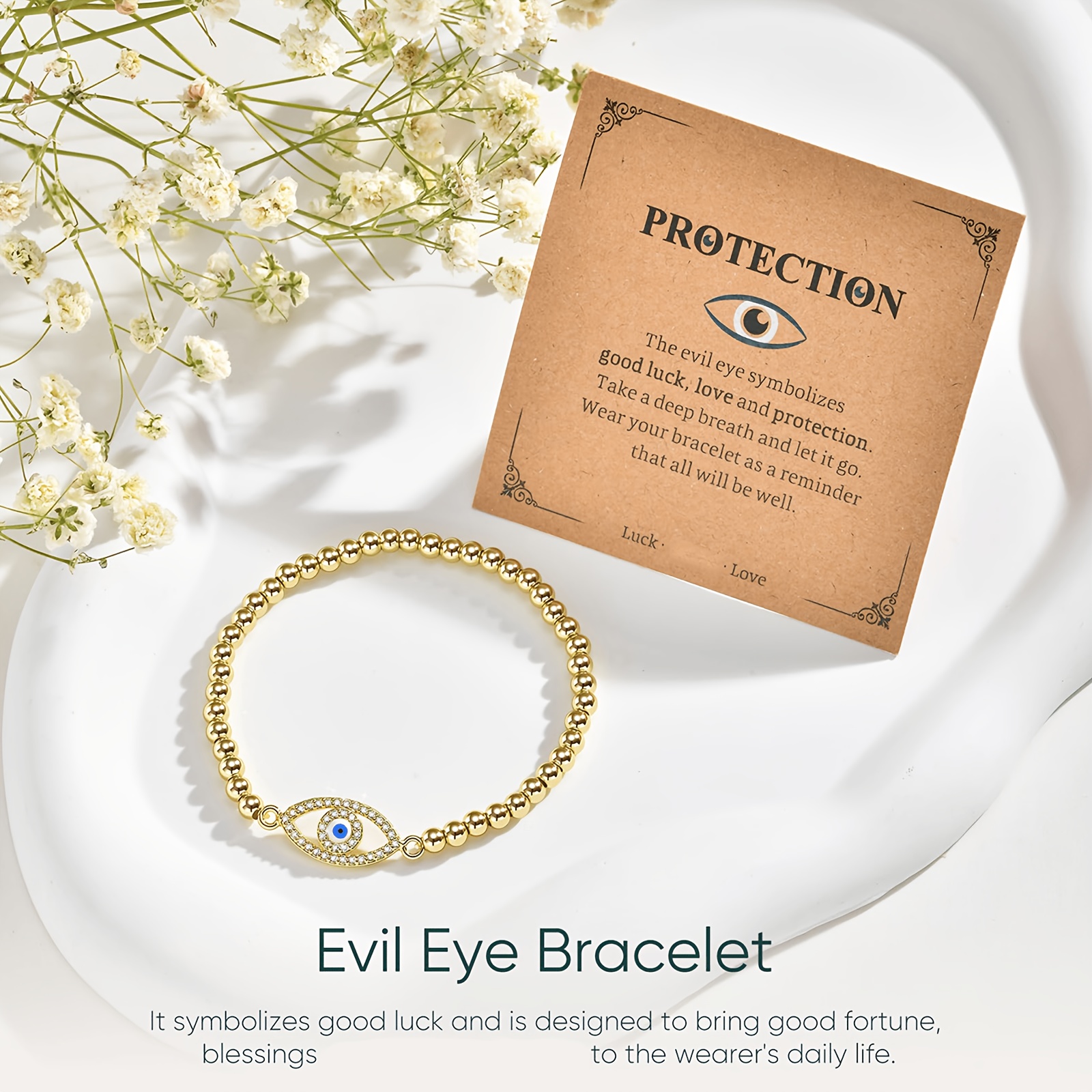 Unisex Evil Eye Golden Stretch Beaded Bracelet, Stackable Charm Gift